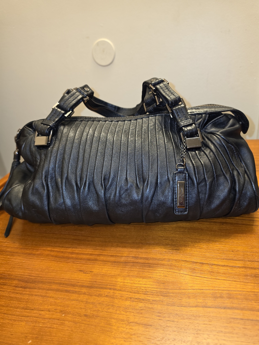 Cole Haan Black Pleated Satchel with Silver Hardware
